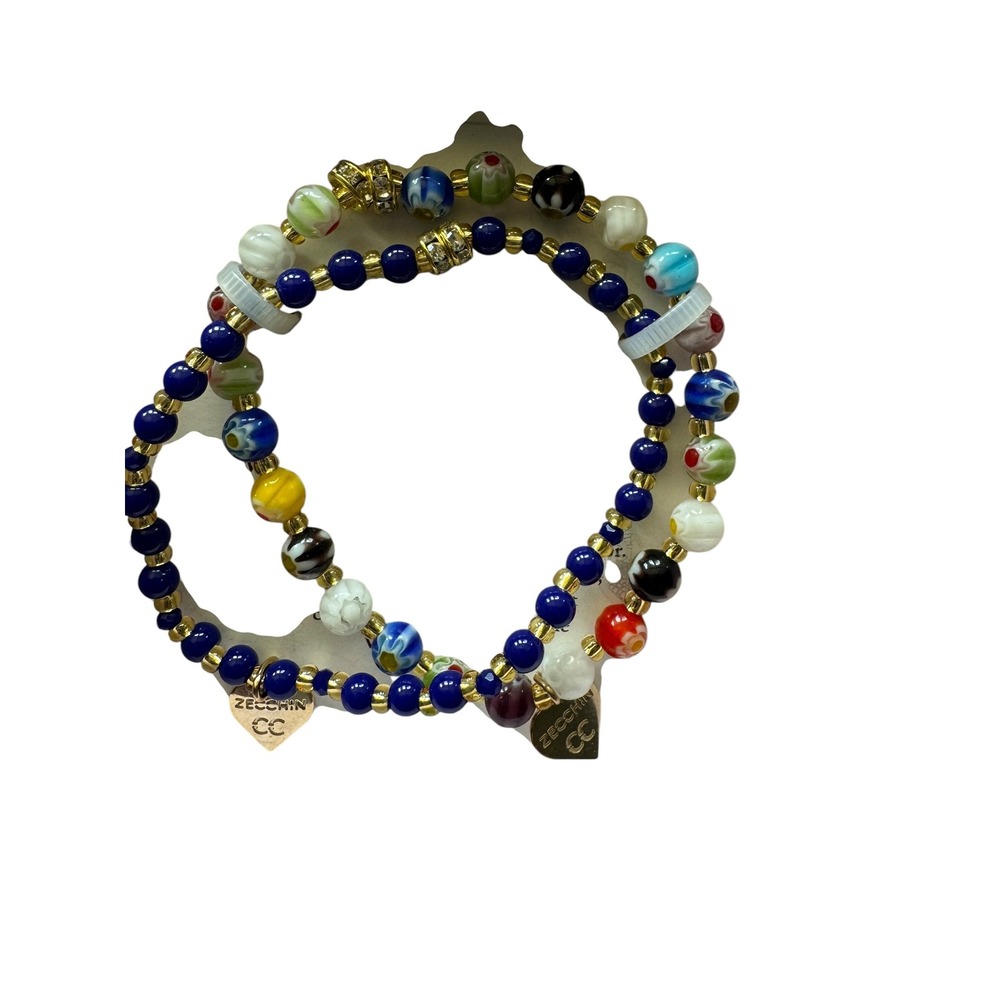 Zecchin Venezia Murano Glass Stretch Bracelets Made in Italy Blue Gold Set of 2 - Picture 2 of 5